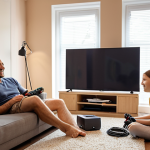 **

A relaxed family sitting on a comfortable sofa in their living room, smiling and enjoying a new, large-screen 4K TV. In the background, a friendly technician is discreetly tidying up cables and packing away installation tools. The scene is well-lit and conveys a sense of calm and effortless enjoyment of technology. Key elements: happy family, new TV, professional installer in the background, comfortable and modern living room. Consider using warm, inviting colors.

**
