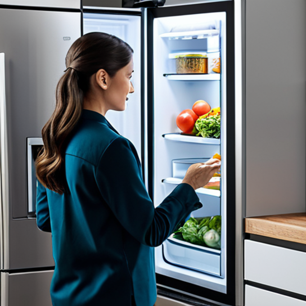 A professional-looking person, fully clothed in modest, comfortable attire, stands in a sleek, modern smart kitchen. They are gently interacting with the screen of an intelligent refrigerator that displays food inventory and recipe suggestions. The kitchen features integrated, high-tech appliances and clean lines. The scene conveys efficiency and innovation, with soft, ambient lighting. Perfect anatomy, correct proportions, natural pose, well-formed hands, proper finger count, natural body proportions. Safe for work, appropriate content, fully clothed, family-friendly, professional photography, high quality.