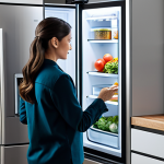 A professional-looking person, fully clothed in modest, comfortable attire, stands in a sleek, modern smart kitchen. They are gently interacting with the screen of an intelligent refrigerator that displays food inventory and recipe suggestions. The kitchen features integrated, high-tech appliances and clean lines. The scene conveys efficiency and innovation, with soft, ambient lighting. Perfect anatomy, correct proportions, natural pose, well-formed hands, proper finger count, natural body proportions. Safe for work, appropriate content, fully clothed, family-friendly, professional photography, high quality.