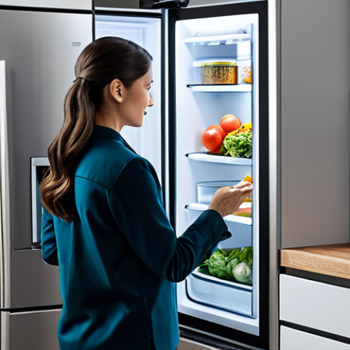 Home 6 A professional-looking person, fully clothed in modest, comfortable attire, stands in a sleek, modern smart kitchen. They are gently interacting with the screen of an intelligent refrigerator that displays food inventory and recipe suggestions. The kitchen features integrated, high-tech appliances and clean lines. The scene conveys efficiency and innovation, with soft, ambient lighting. Perfect anatomy, correct proportions, natural pose, well-formed hands, proper finger count, natural body proportions. Safe for work, appropriate content, fully clothed, family-friendly, professional photography, high quality.
