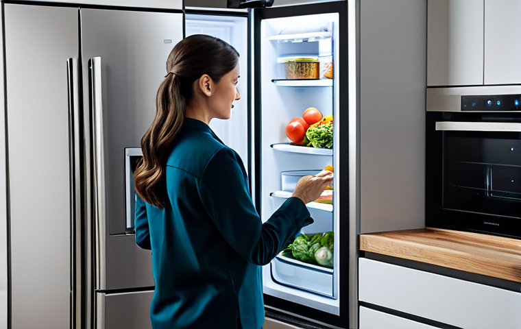 A professional-looking person, fully clothed in modest, comfortable attire, stands in a sleek, modern smart kitchen. They are gently interacting with the screen of an intelligent refrigerator that displays food inventory and recipe suggestions. The kitchen features integrated, high-tech appliances and clean lines. The scene conveys efficiency and innovation, with soft, ambient lighting. Perfect anatomy, correct proportions, natural pose, well-formed hands, proper finger count, natural body proportions. Safe for work, appropriate content, fully clothed, family-friendly, professional photography, high quality.