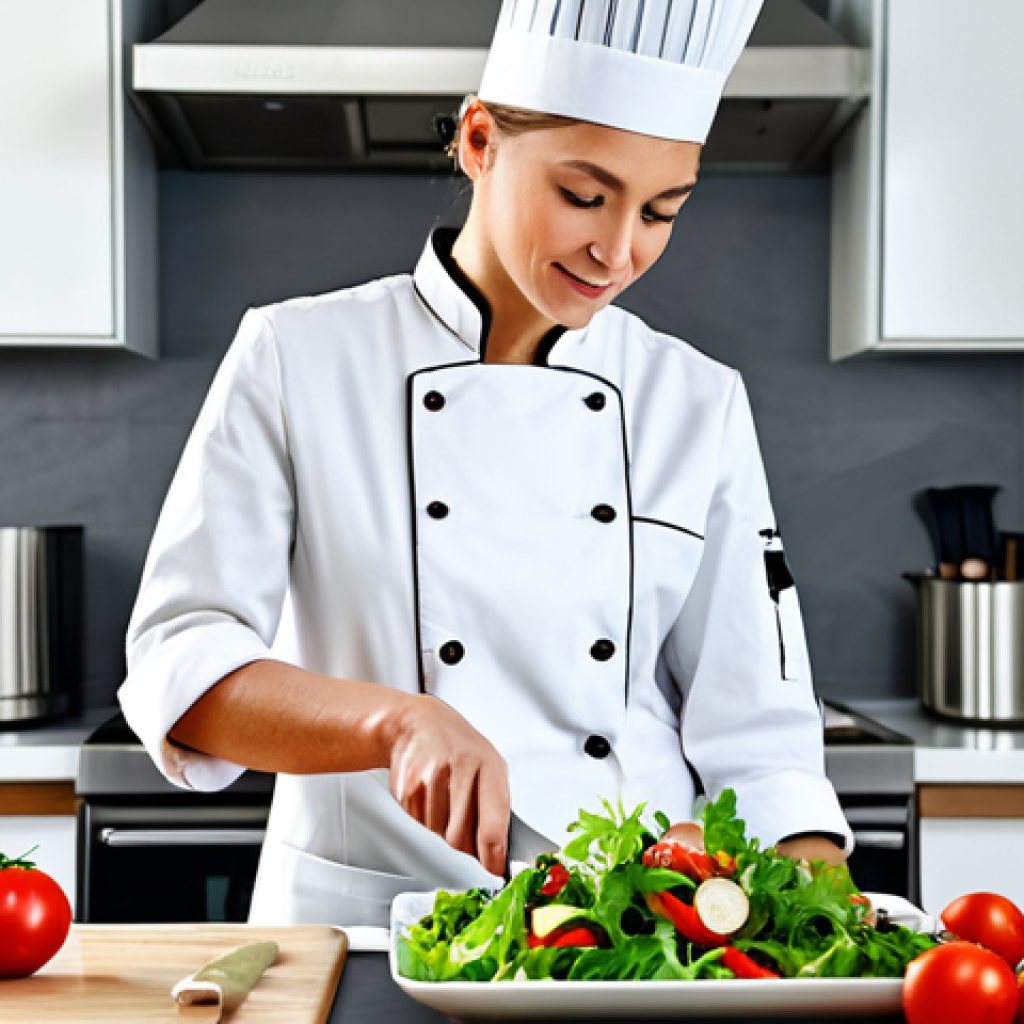 **

"A professional female chef in a modern, well-lit kitchen preparing a healthy salad, fully clothed in chef's whites, appropriate attire, stainless steel appliances, fresh vegetables, safe for work, perfect anatomy, natural pose, professional photography, high quality, family-friendly."

**
