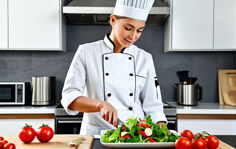**

"A professional female chef in a modern, well-lit kitchen preparing a healthy salad, fully clothed in chef's whites, appropriate attire, stainless steel appliances, fresh vegetables, safe for work, perfect anatomy, natural pose, professional photography, high quality, family-friendly."

**