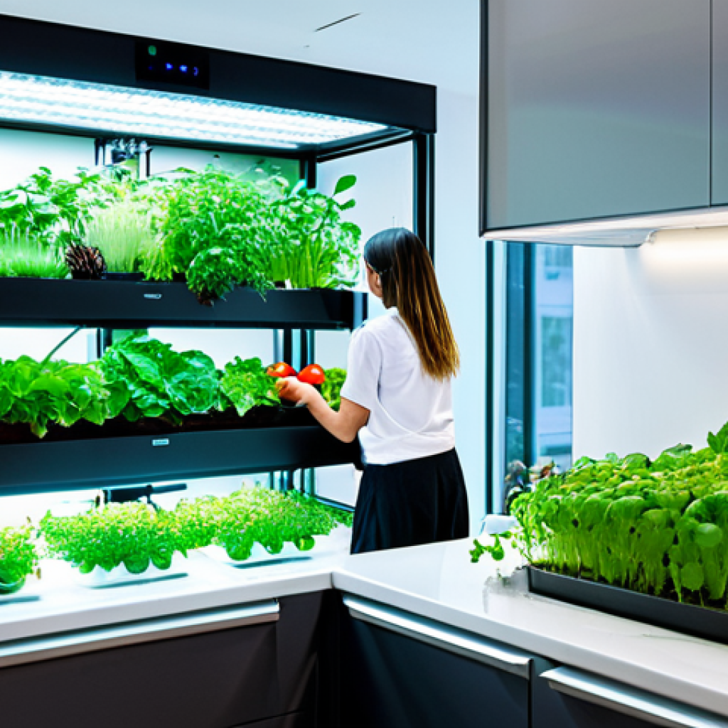 스마트 주방에서의 요리 교육 - Smart Urban Garden**

"A modern kitchen featuring a vertical hydroponic garden illuminated by LED gr...
