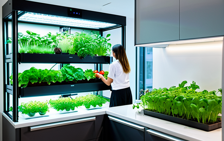 스마트 주방에서의 요리 교육 - Smart Urban Garden**

"A modern kitchen featuring a vertical hydroponic garden illuminated by LED gr...