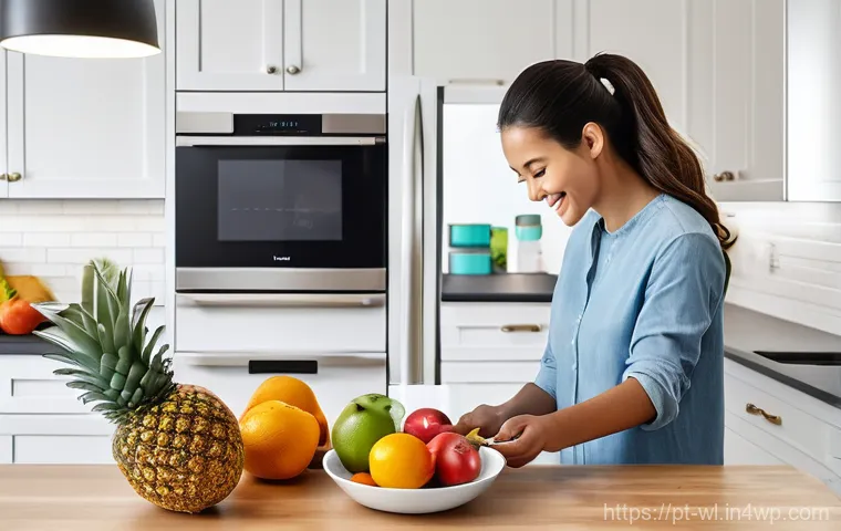 스마트 주방에서의 패스트푸드 대안 - **Prompt:** "A brightly lit, spacious smart kitchen in a modern home. A young, fully-clothed couple ...
