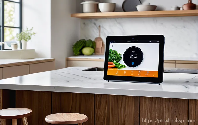 스마트 주방에서의 패스트푸드 대안 - **Prompt:** "A brightly lit, spacious smart kitchen in a modern home. A young, fully-clothed couple ...