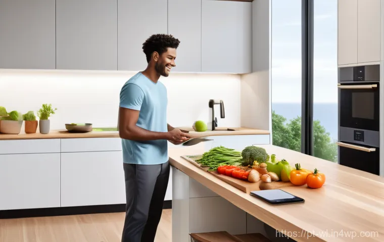 스마트 주방 디자인 트렌드 - Prompt 1: Modern Smart Kitchen with Voice Assistant Interaction**