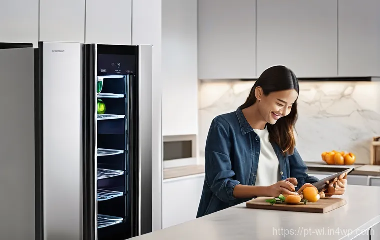스마트 주방과 온라인 커뮤니티 - **Prompt:** A modern, bright, and inviting kitchen with sleek, integrated smart appliances. A family...