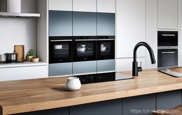 스마트 주방의 기술적 한계 - **A Whimsical Display of Incompatible Smart Kitchen Appliances**
    Visualize a brightly lit, moder...