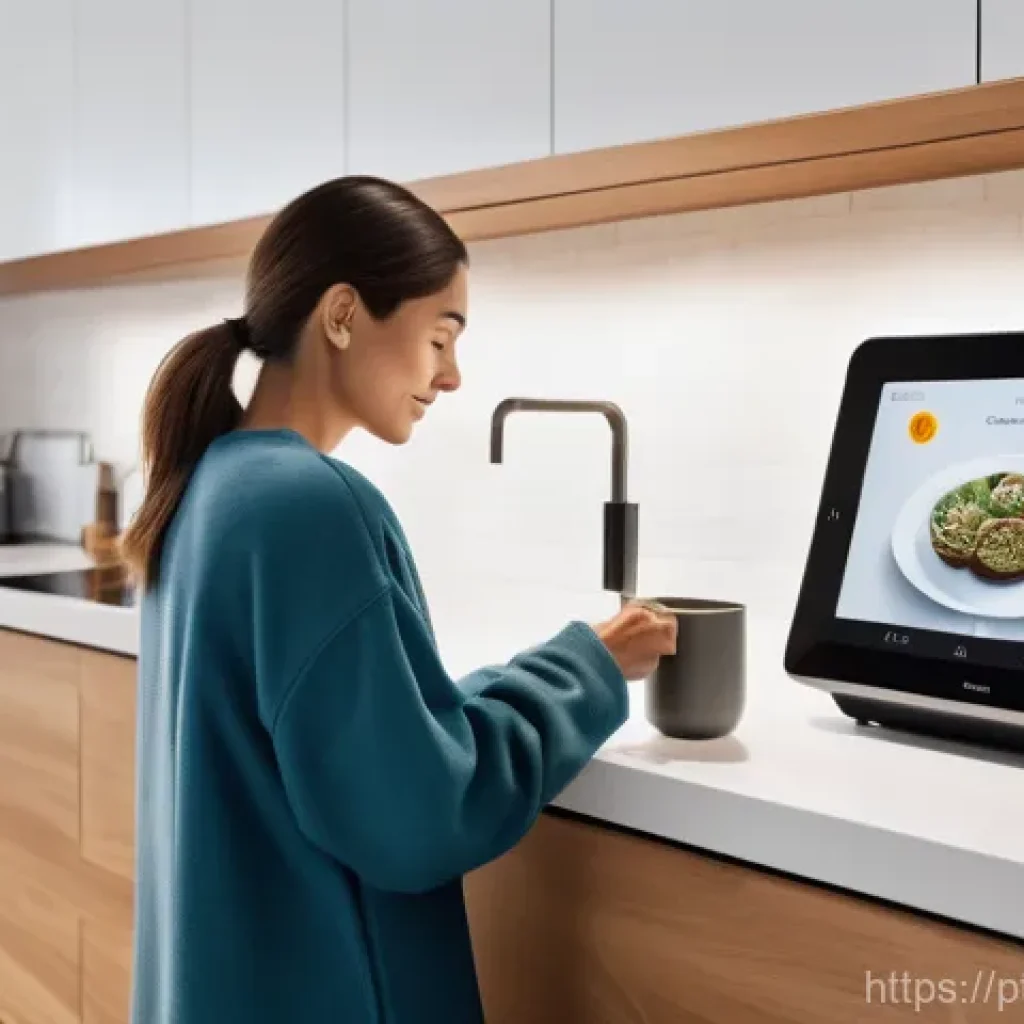 스마트 기기와 조리 과정 최적화 - **"A tranquil morning scene in a bright, modern smart kitchen. A woman in her late 20s, wearing comf...