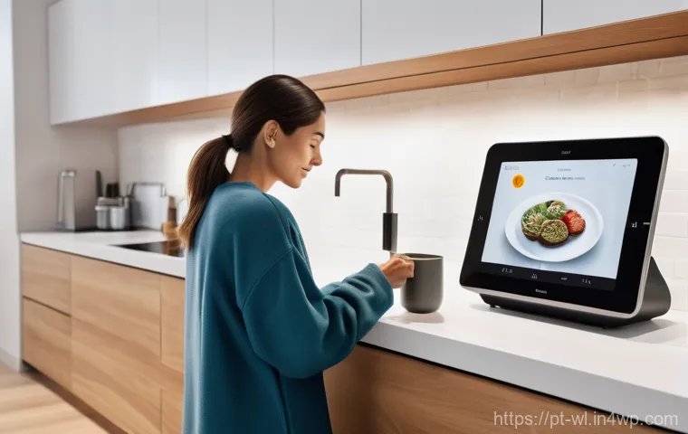 스마트 기기와 조리 과정 최적화 - **"A tranquil morning scene in a bright, modern smart kitchen. A woman in her late 20s, wearing comf...