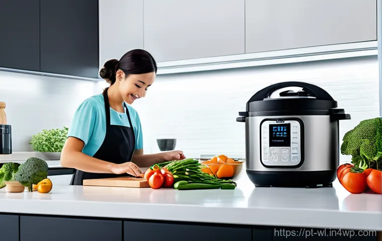 스마트 기기와 조리 과정 최적화 - **"A tranquil morning scene in a bright, modern smart kitchen. A woman in her late 20s, wearing comf...