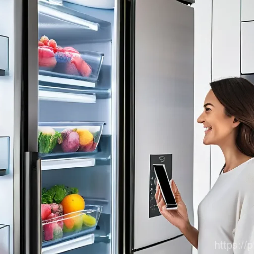 스마트 주방에서의 식단 관리 - **Prompt 1: The Intuitive Smart Refrigerator**
    "A vibrant, eye-level shot of a modern, sleek sma...