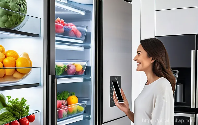 스마트 주방에서의 식단 관리 - **Prompt 1: The Intuitive Smart Refrigerator**
    "A vibrant, eye-level shot of a modern, sleek sma...