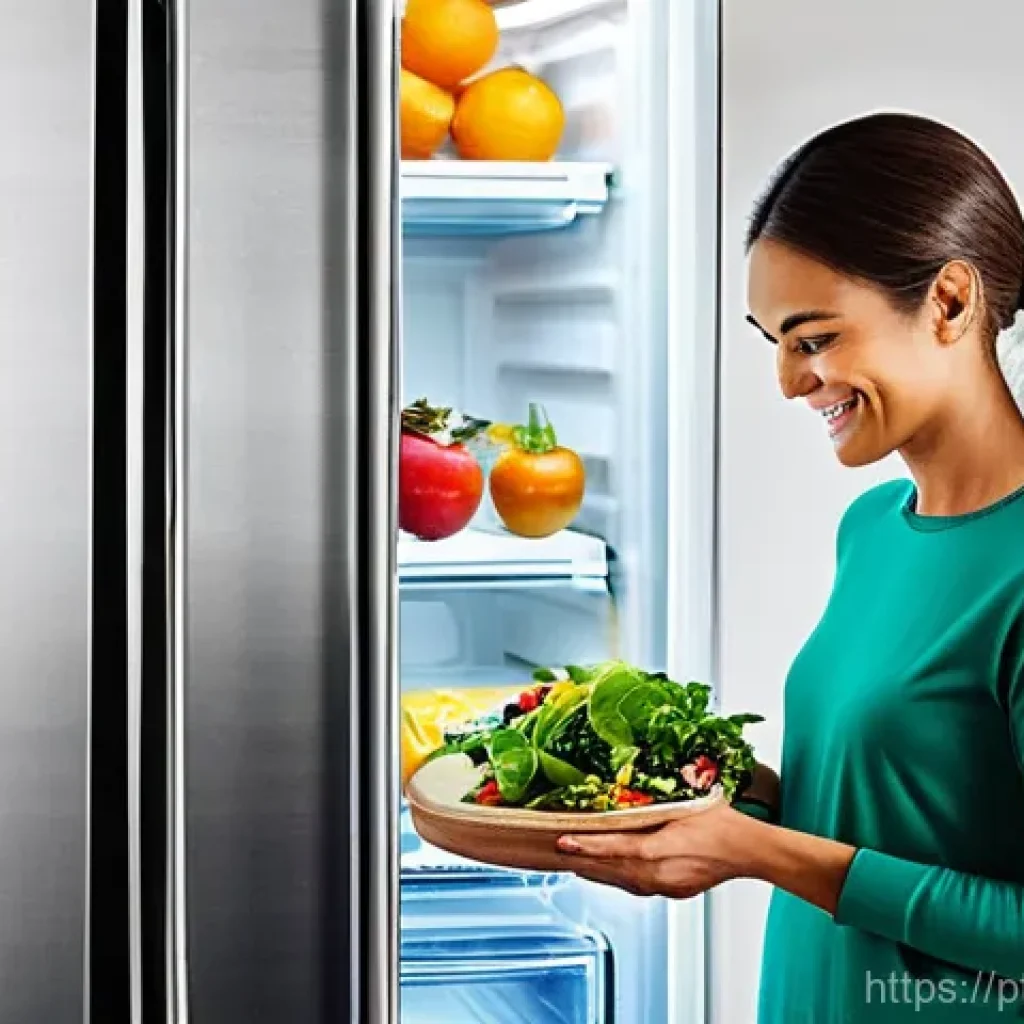 스마트 기기로 만드는 건강한 요리 - **Smart Fridge Meal Planning:**
    "A bright, clean, and modern kitchen interior. A smiling woman i...