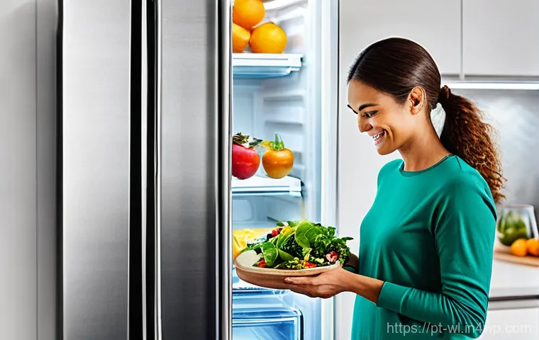 스마트 기기로 만드는 건강한 요리 - **Smart Fridge Meal Planning:**
    "A bright, clean, and modern kitchen interior. A smiling woman i...