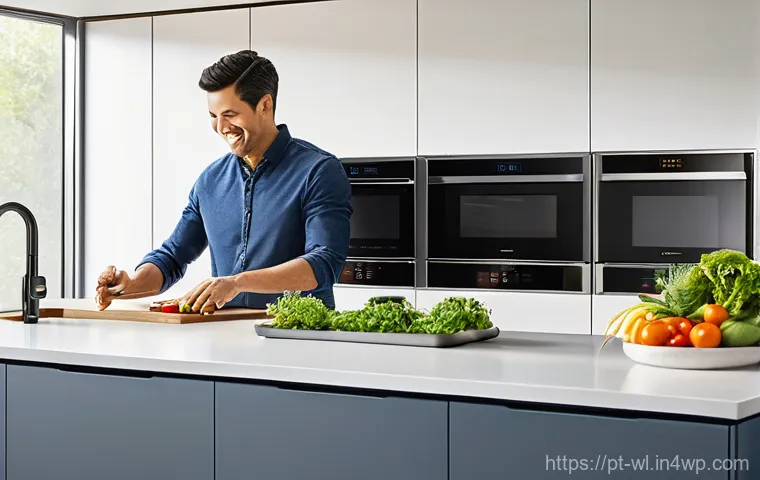 스마트 주방과 요리의 개인화 - **Prompt:** A bright and inviting, hyper-modern smart kitchen. A family of three &ndash; a father, mother,...