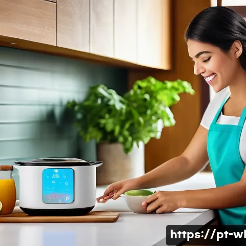 스마트 기기를 통한 레시피 자동화 - A modern Brazilian kitchen scene featuring a young adult woman using a sleek, Wi-Fi connected electr...