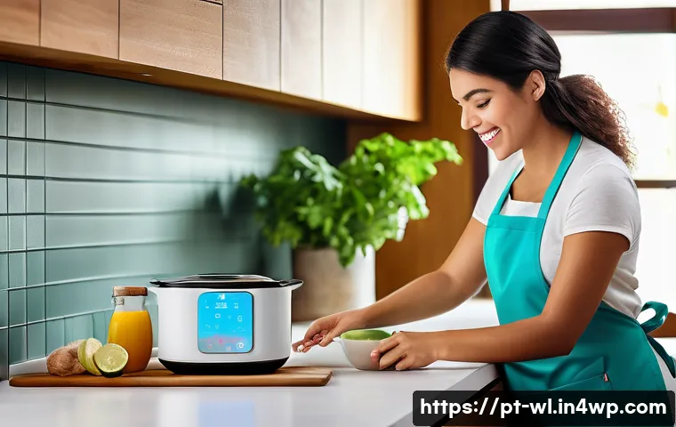 스마트 기기를 통한 레시피 자동화 - A modern Brazilian kitchen scene featuring a young adult woman using a sleek, Wi-Fi connected electr...