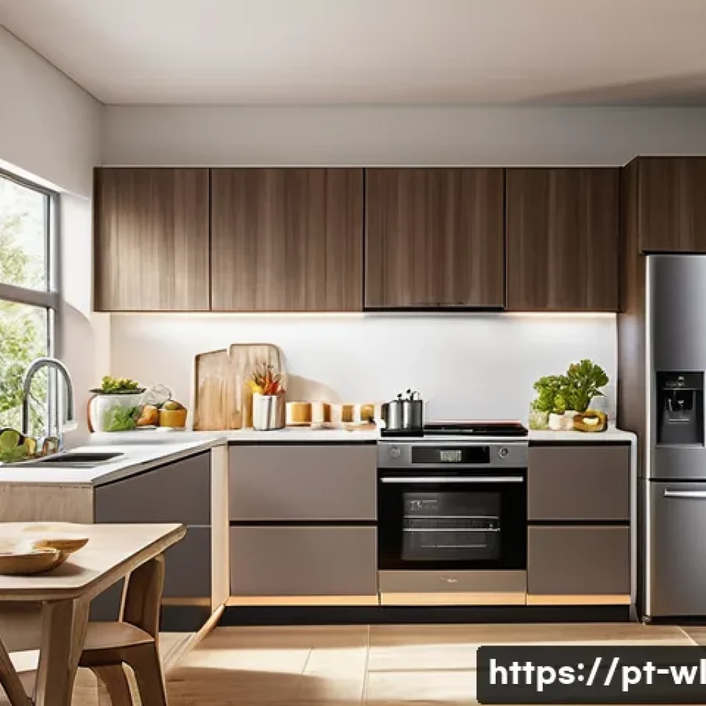 스마트 주방에서의 에너지 관리 - A modern Brazilian kitchen scene showcasing energy-efficient appliances such as an inverter refriger...