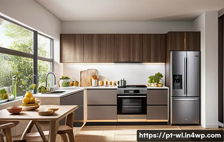 스마트 주방에서의 에너지 관리 - A modern Brazilian kitchen scene showcasing energy-efficient appliances such as an inverter refriger...