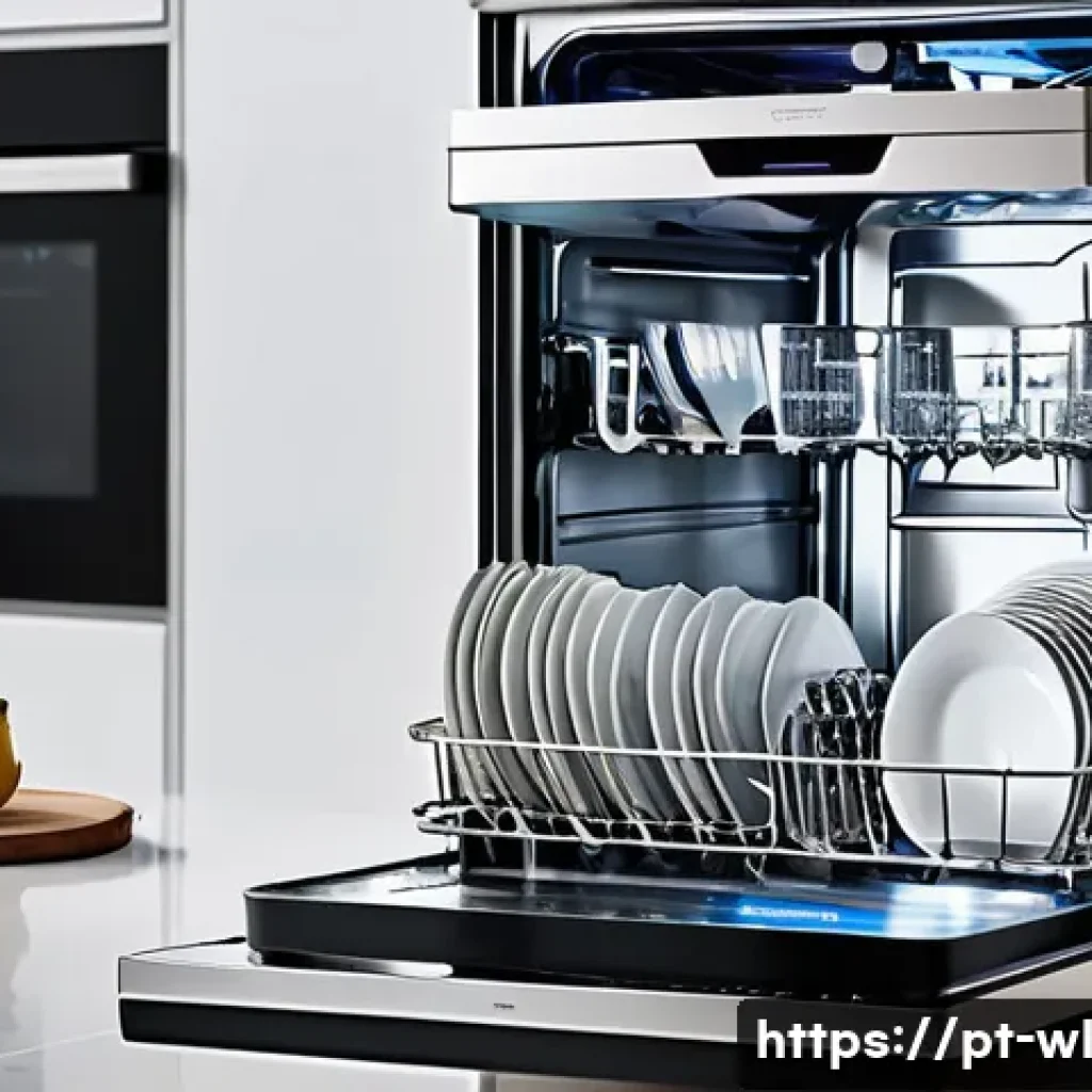 스마트 식기세척기 사용법 - A modern smart dishwasher interior shot showcasing neatly arranged dishes, bowls, glasses, and cutle...