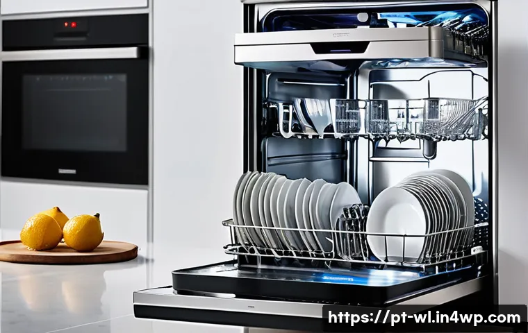 스마트 식기세척기 사용법 - A modern smart dishwasher interior shot showcasing neatly arranged dishes, bowls, glasses, and cutle...
