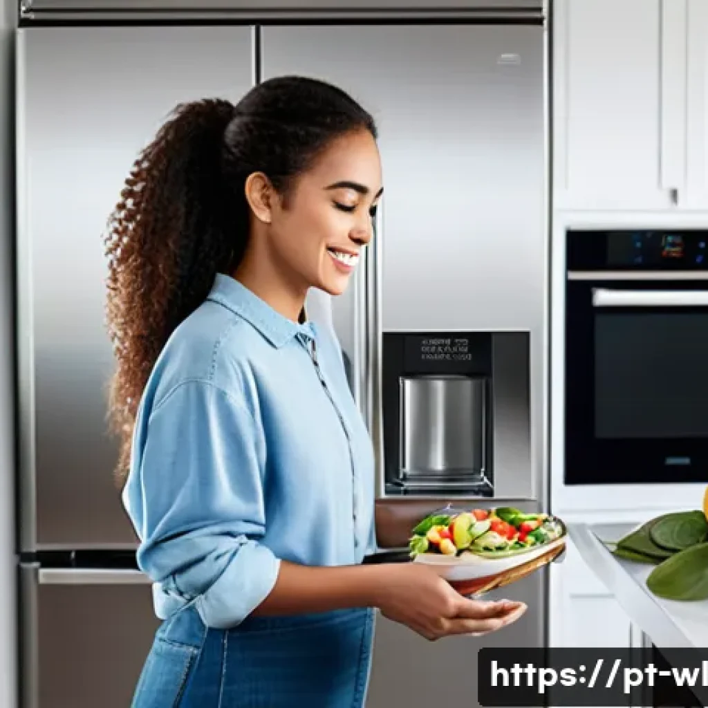 스마트 주방의 진화와 앞으로의 방향 - A modern Brazilian kitchen featuring a young adult woman using a smart oven controlled by voice assi...