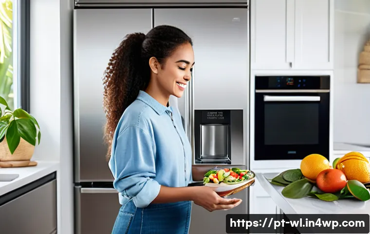 스마트 주방의 진화와 앞으로의 방향 - A modern Brazilian kitchen featuring a young adult woman using a smart oven controlled by voice assi...