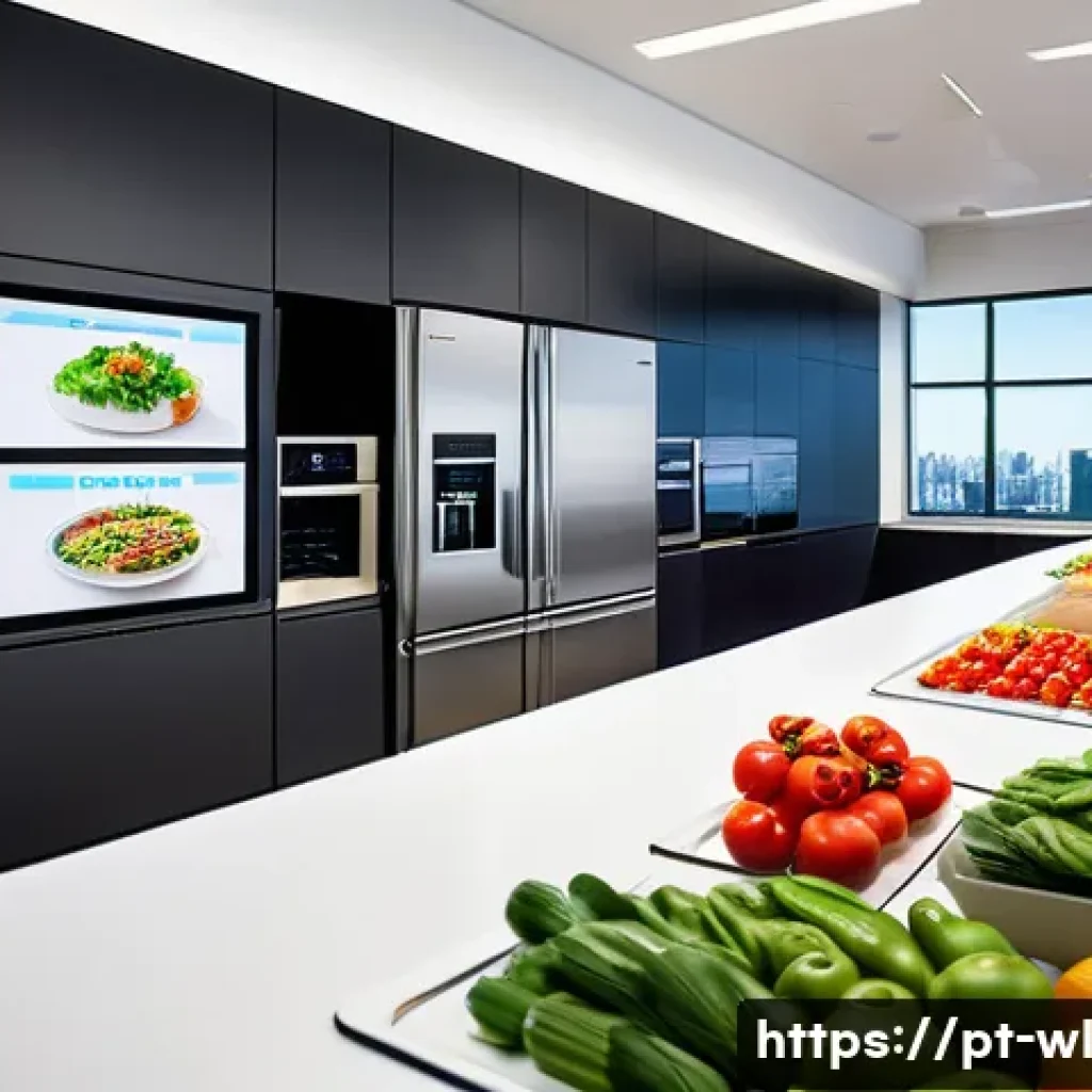 스마트 주방과 직장 내 요리 문화 - A modern corporate kitchen scene featuring smart cooking appliances such as app-controlled temperatu...