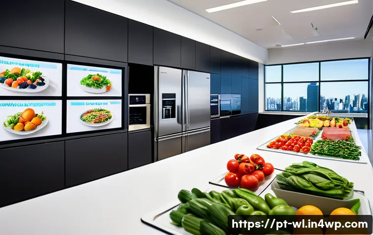 스마트 주방과 직장 내 요리 문화 - A modern corporate kitchen scene featuring smart cooking appliances such as app-controlled temperatu...