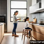 스마트 주방에서의 요리 시간 단축 - A modern Brazilian kitchen scene featuring a diverse family cooking together using smart kitchen app...