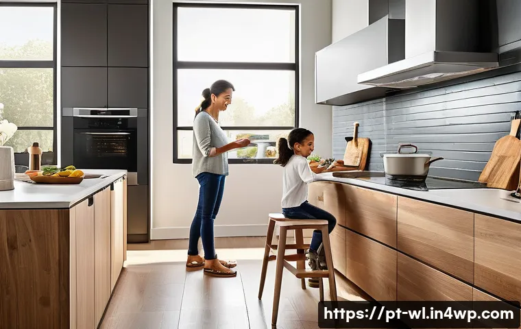 스마트 주방에서의 요리 시간 단축 - A modern Brazilian kitchen scene featuring a diverse family cooking together using smart kitchen app...