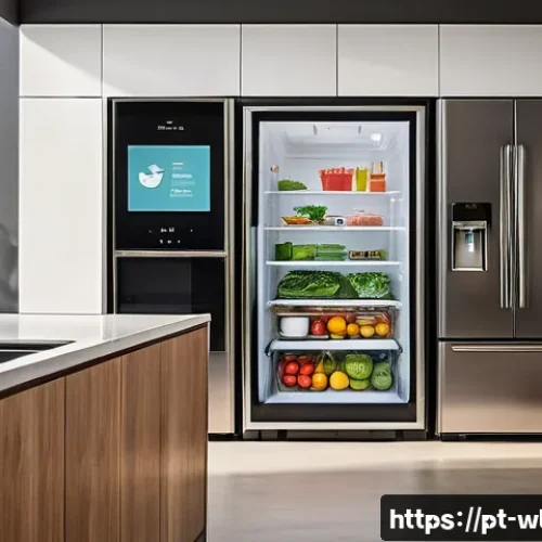 스마트 냉장고의 장점 - A modern Brazilian kitchen featuring a large smart refrigerator with a sleek mirrored glass finish a...