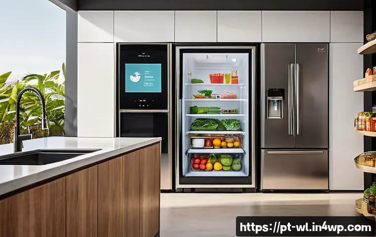 스마트 냉장고의 장점 - A modern Brazilian kitchen featuring a large smart refrigerator with a sleek mirrored glass finish a...