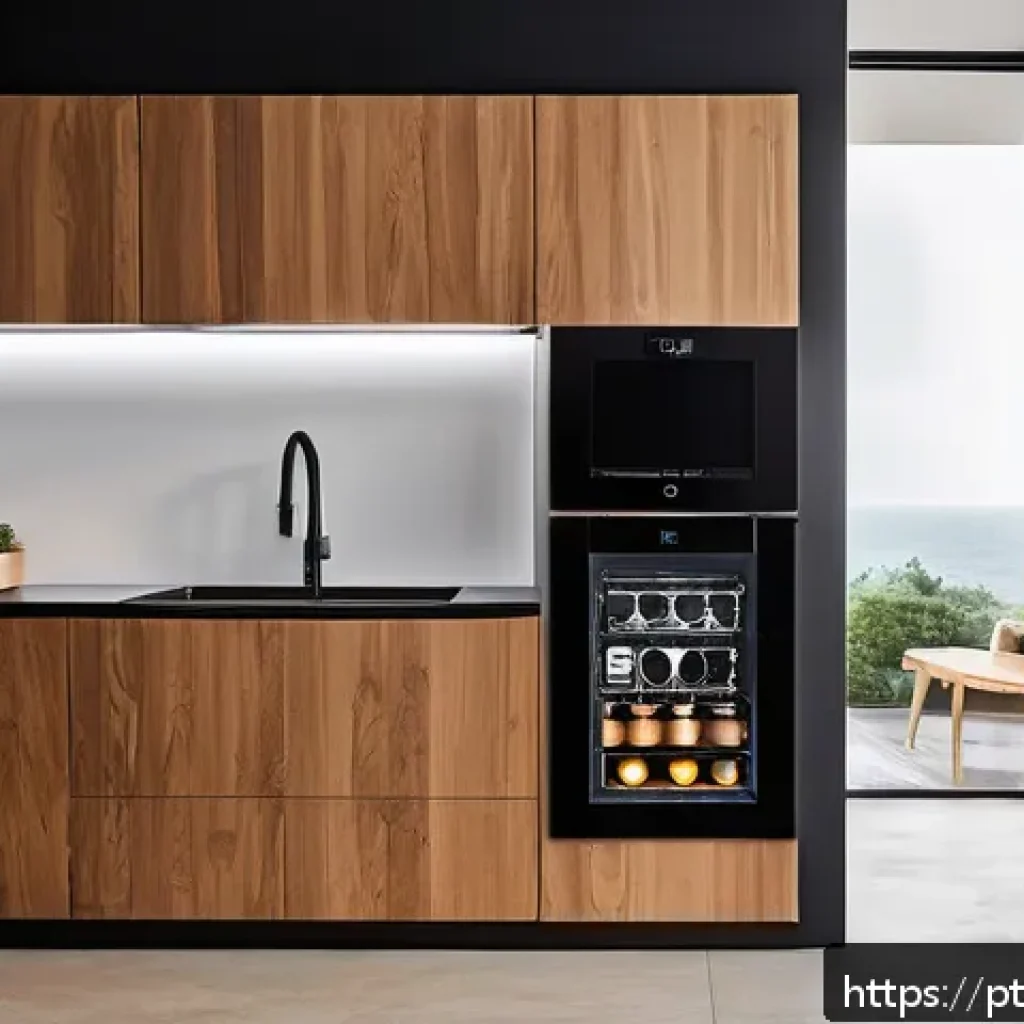 스마트 주방의 미래 기술 전망 - A modern, sleek smart kitchen interior in a contemporary Brazilian apartment, featuring integrated s...