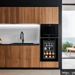 스마트 주방의 미래 기술 전망 - A modern, sleek smart kitchen interior in a contemporary Brazilian apartment, featuring integrated s...