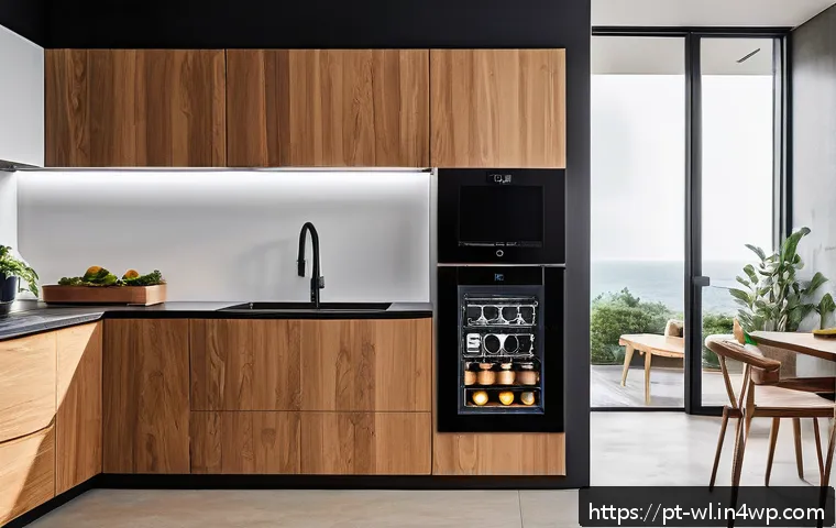 스마트 주방의 미래 기술 전망 - A modern, sleek smart kitchen interior in a contemporary Brazilian apartment, featuring integrated s...