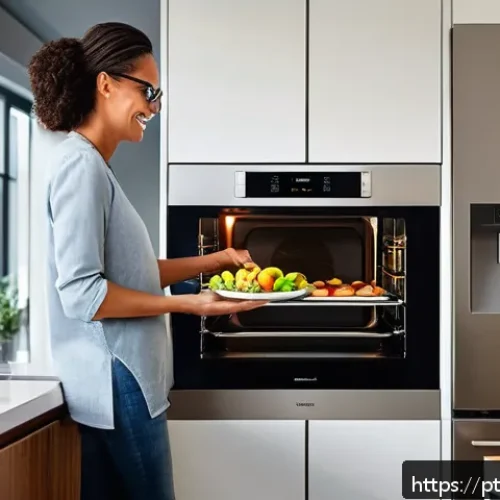 스마트 주방에서의 사용자 맞춤형 조리법 - A modern kitchen scene featuring a sleek smart oven with a digital touchscreen displaying personaliz...