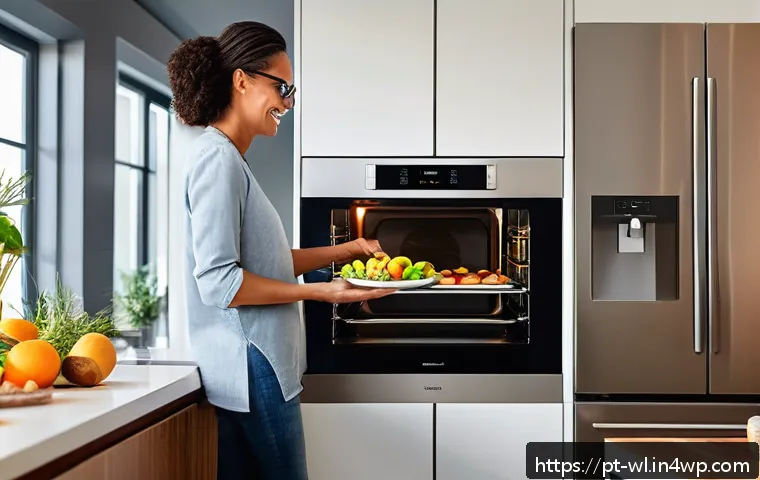 스마트 주방에서의 사용자 맞춤형 조리법 - A modern kitchen scene featuring a sleek smart oven with a digital touchscreen displaying personaliz...