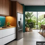 스마트 주방의 데이터 보안 문제 - A modern Brazilian kitchen with various smart appliances such as a refrigerator, oven, and coffee ma...