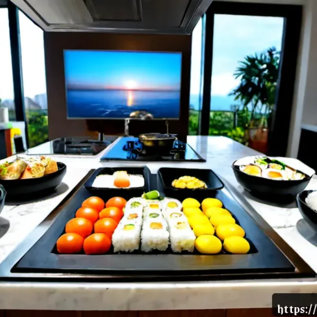 스마트 주방에서의 다문화 요리 - Photorealistic modern smart kitchen in São Paulo, Brazil, a Brazilian family and a Japanese-Brazilia...