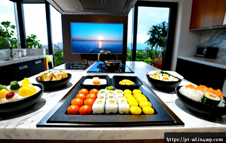 스마트 주방에서의 다문화 요리 - Photorealistic modern smart kitchen in São Paulo, Brazil, a Brazilian family and a Japanese-Brazilia...