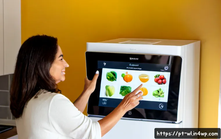 스마트 주방의 사용자 피드백 시스템 - Photorealistic modern Portuguese family kitchen in Lisbon, a middle-aged woman using a sleek touchsc...