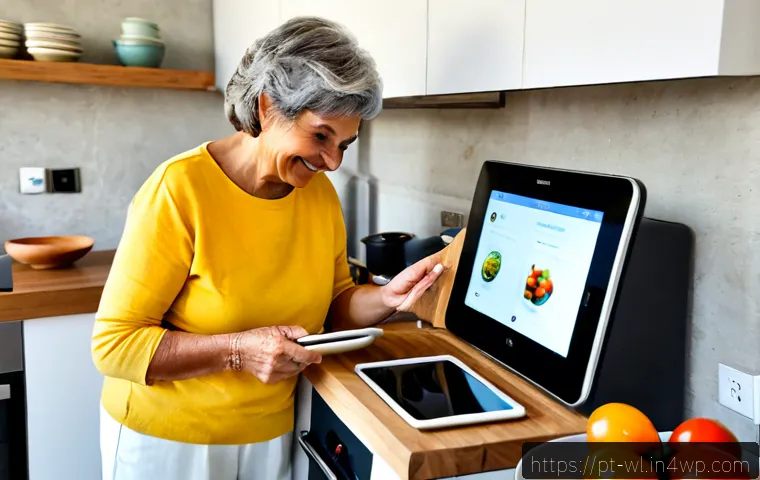 Home 17 스마트 주방과 세대 간 요리 차이 - Photorealistic bright Portuguese family kitchen, an older grandmother in modest casual clothes prepa...