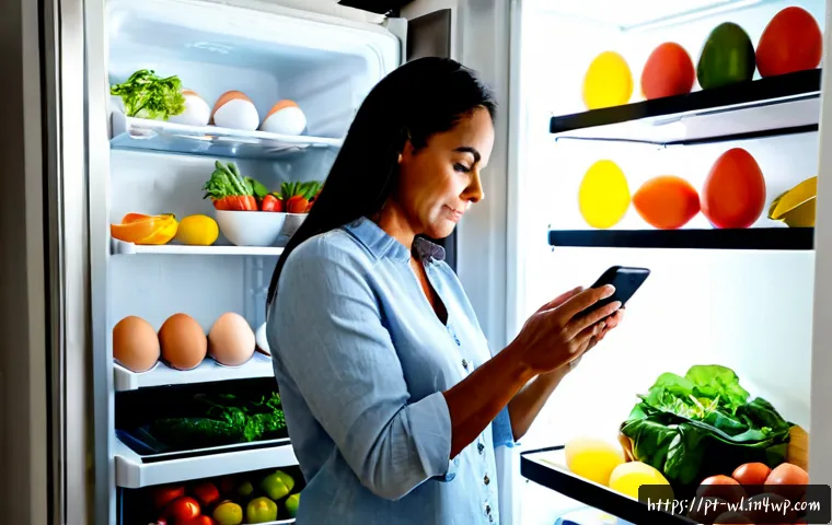 Home 17 스마트 주방에서의 식재료 관리 - Photorealistic modern Brazilian smart kitchen, middle-aged woman organizing fresh vegetables, tropic...