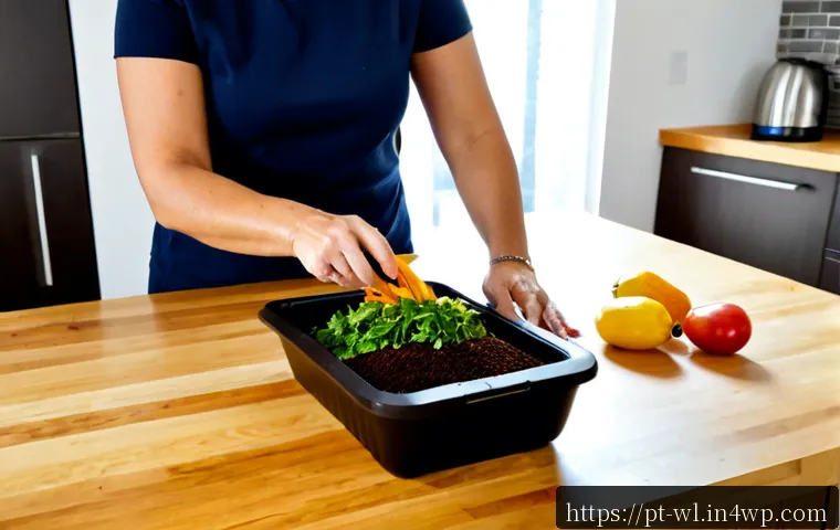 Home 17 스마트 주방에서의 음식물 쓰레기 줄이기 - Photorealistic bright modern Portuguese family kitchen, a middle-aged woman placing vegetable peels ...